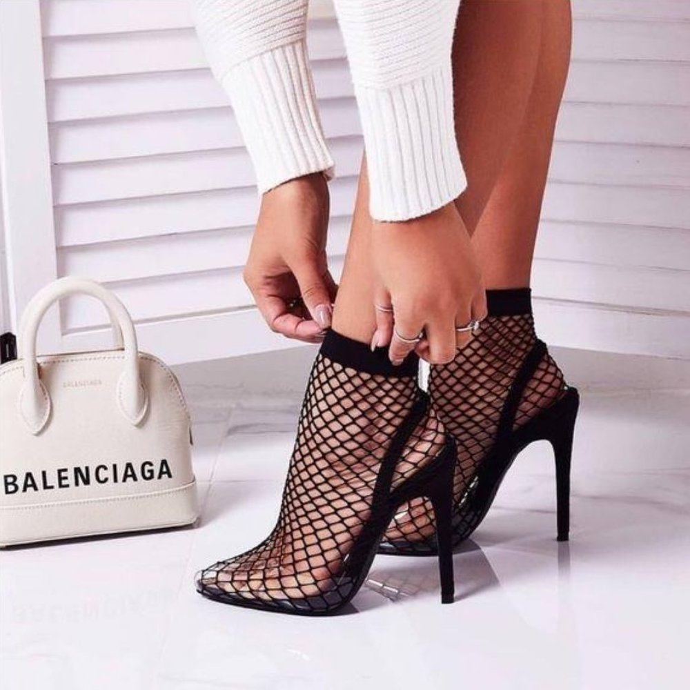 Fishnet Slingback Heels in Black